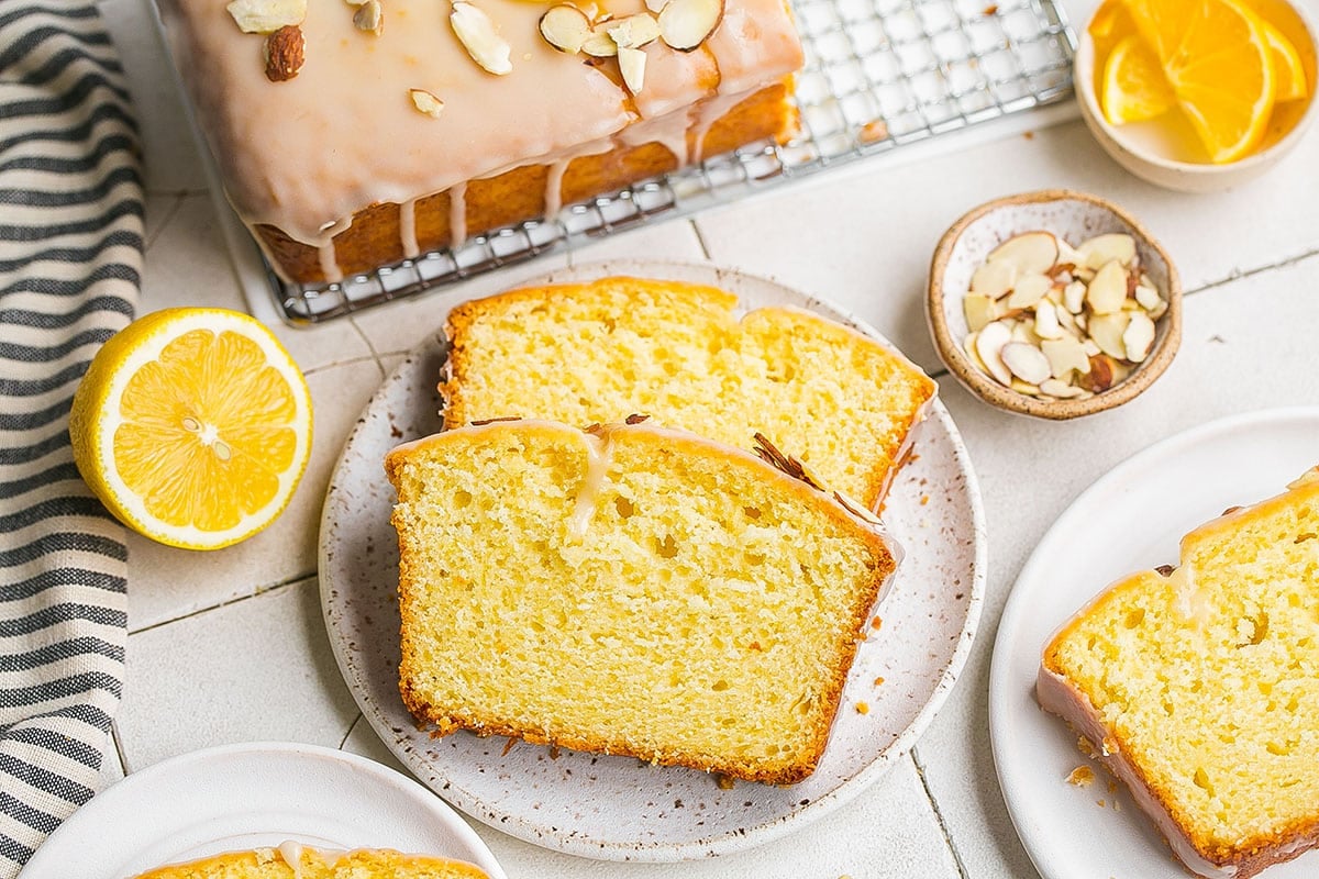 two slices of almond lemon cake on a plate