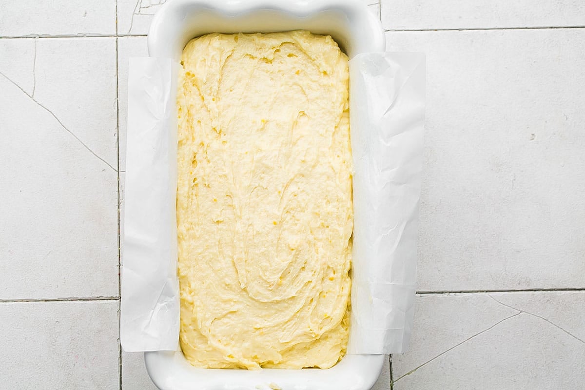 almond lemon cake batter in loaf pan