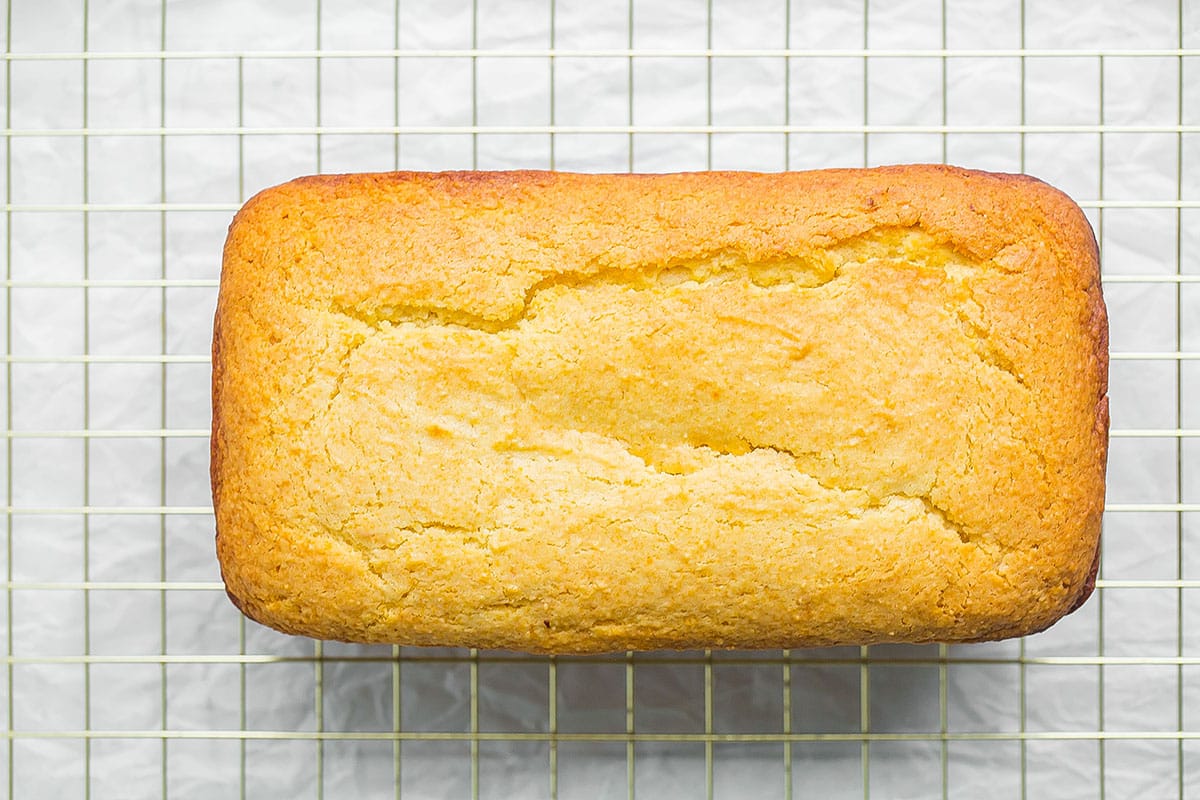 overhead shot of baked almond lemon cake