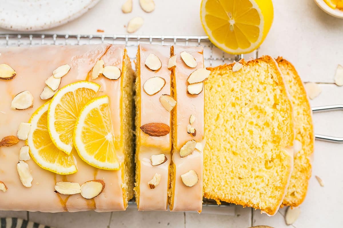 overhead shot of sliced lemon loaf cake