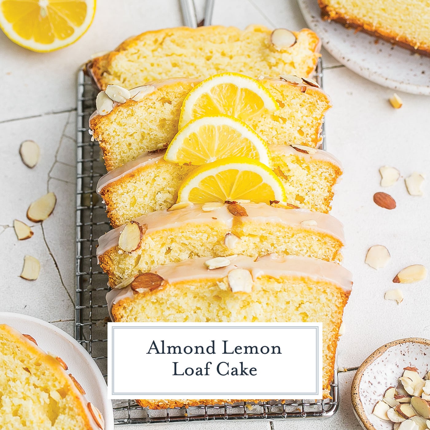 angled shot of slice almond lemon cake with text overlay for facebook