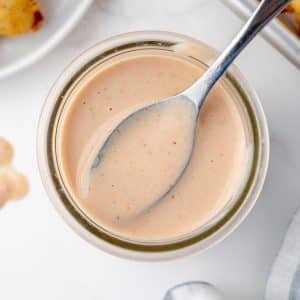 overhead shot of spoon in jar of bloomin onion sauce