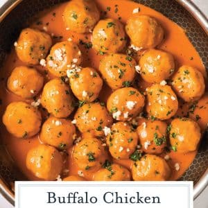overhead shot of buffalo chicken meatballs in a pan with text overlay for pitnerest