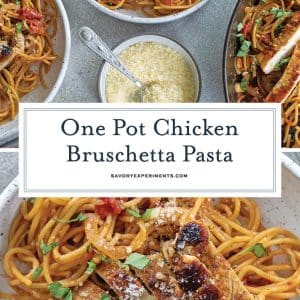 collage of chicken bruschetta pasta for pinterest