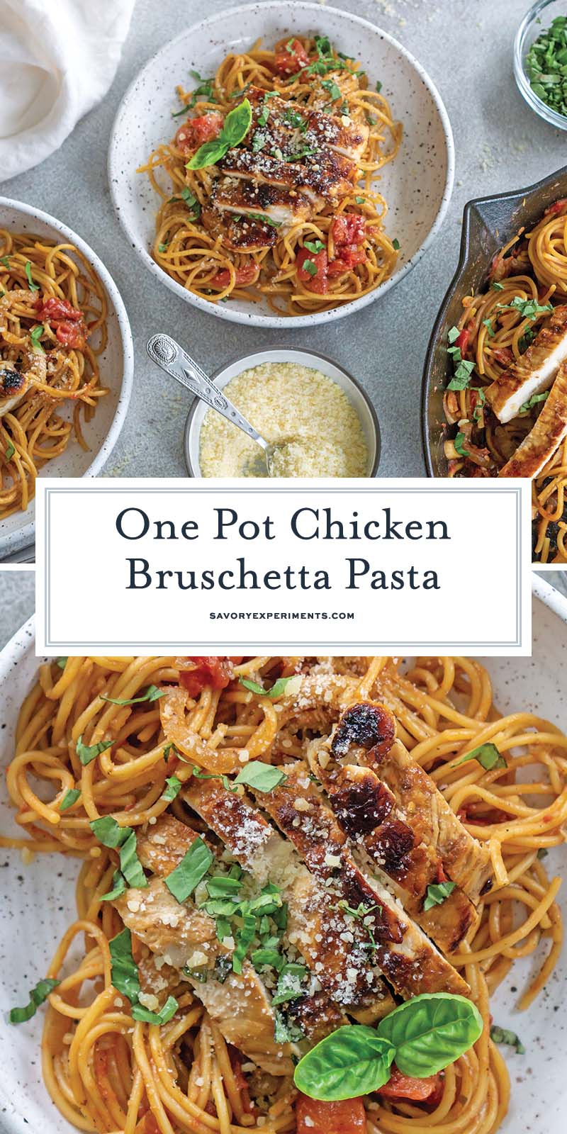 collage of chicken bruschetta pasta for pinterest