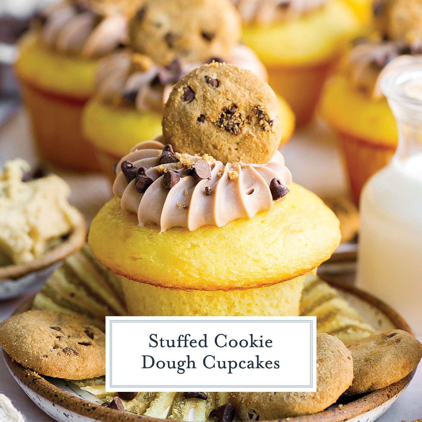 close up of cookie dough cupcake with text overlay for facebook