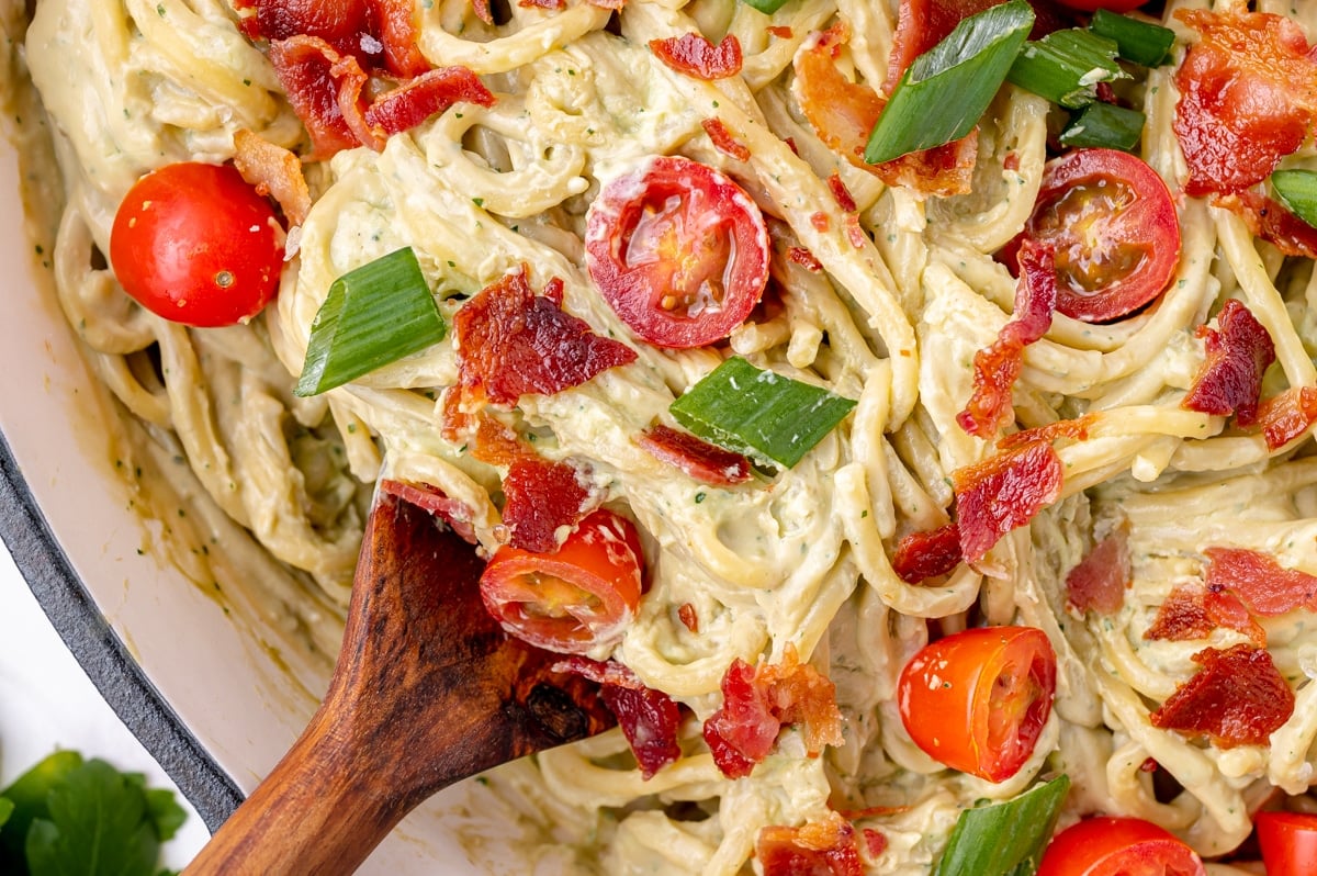 creamy avocado pasta sauce over pasta