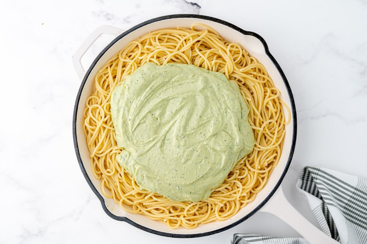 creamy avocado pasta sauce over pasta