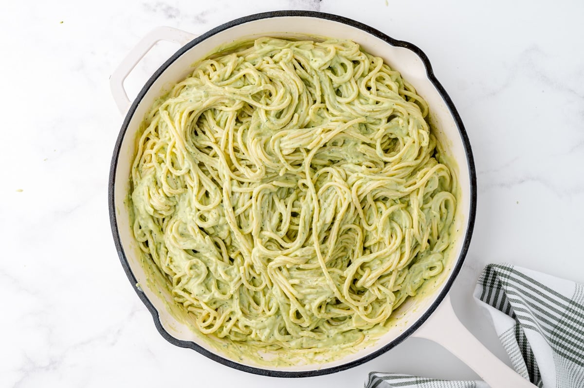 pasta tossed in creamy avocado pasta sauce