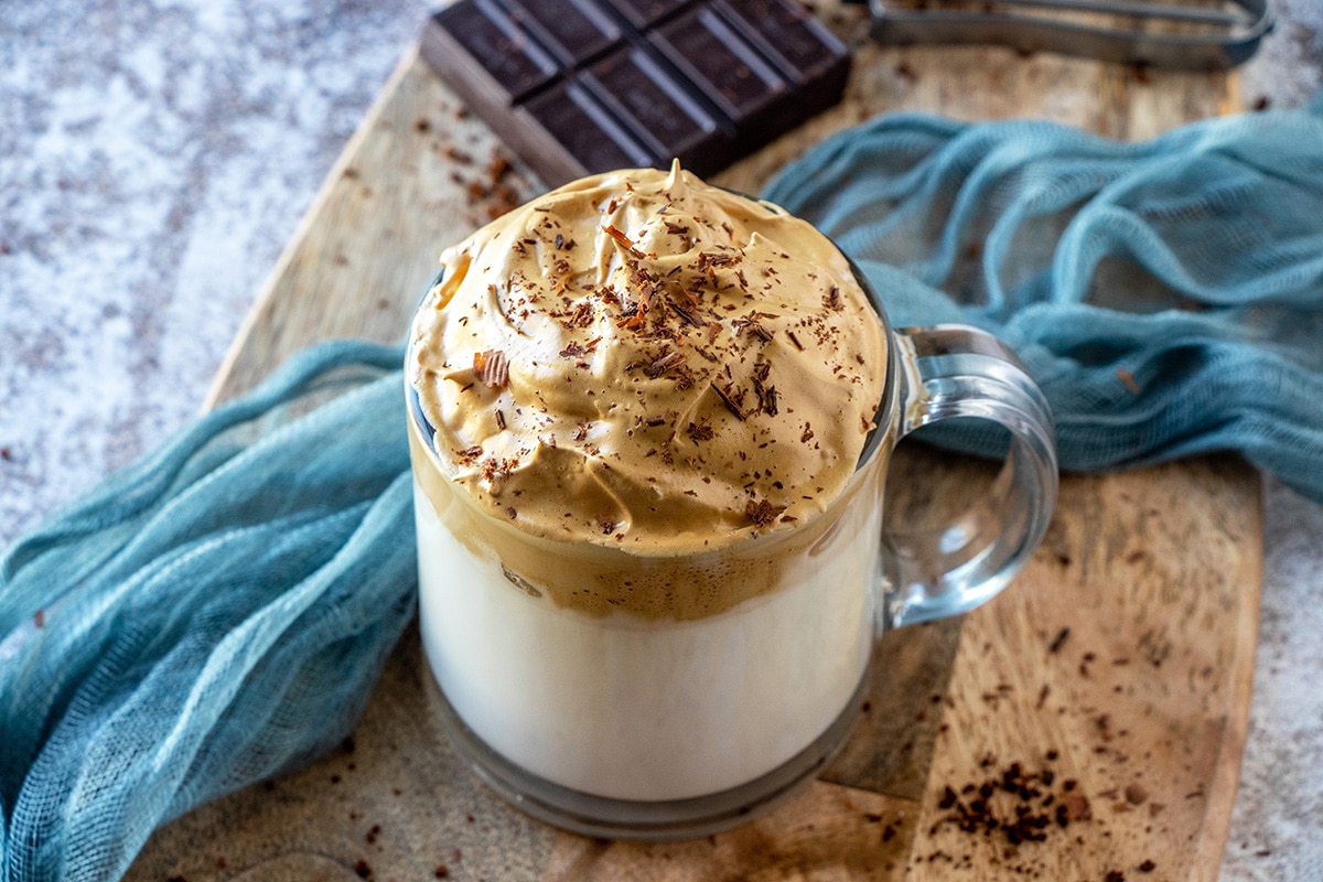 whipped coffee with shaved chocolate topping