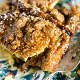 close up of slice of eggnog french toast casserole