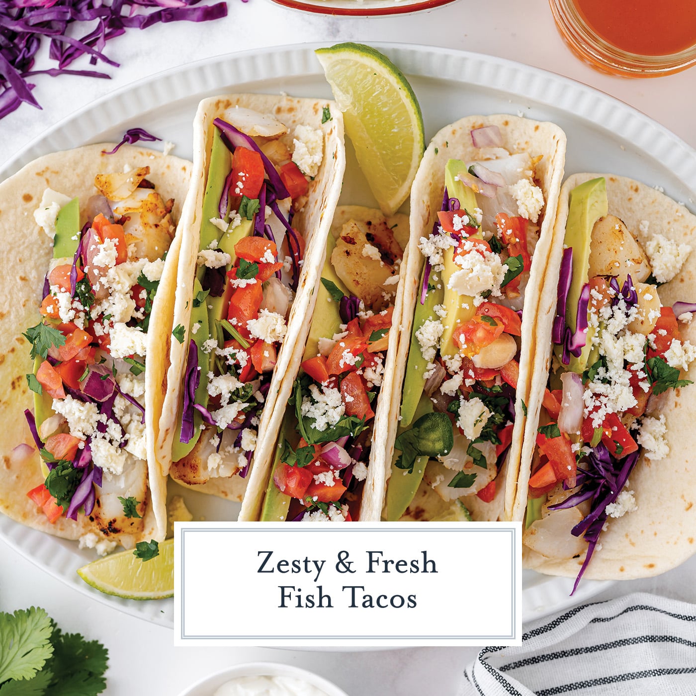 overhead shot of fish tacos on a plate with text overlay for facebook