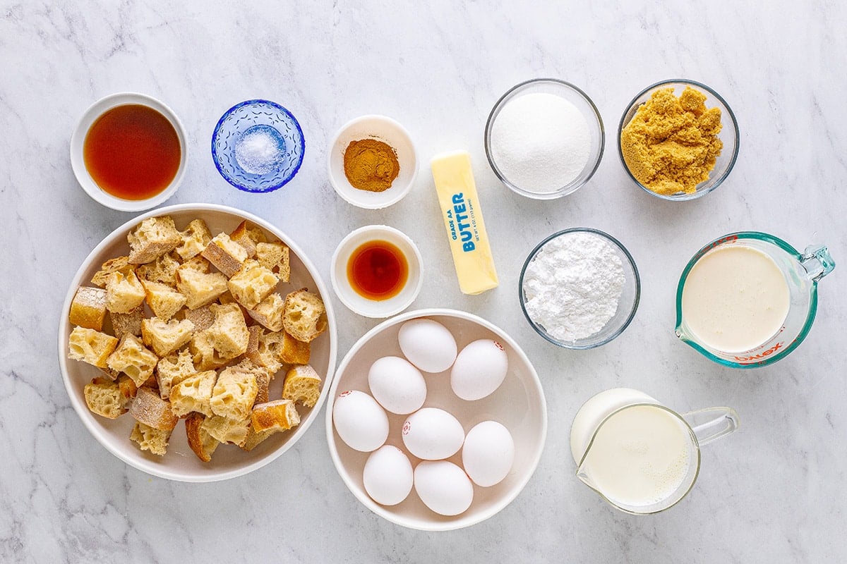 overhead shot of overnight french toast casserole recipe ingredients