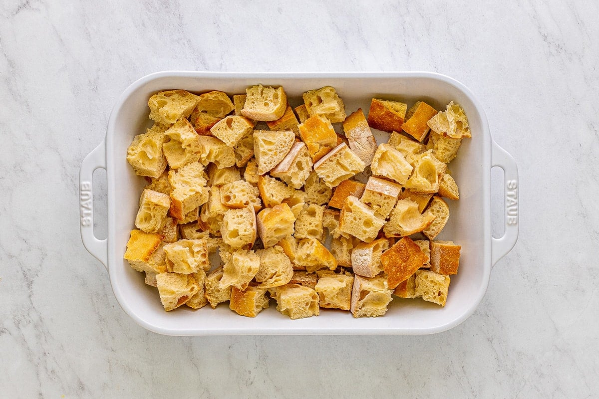 bread cubes in a baking dish