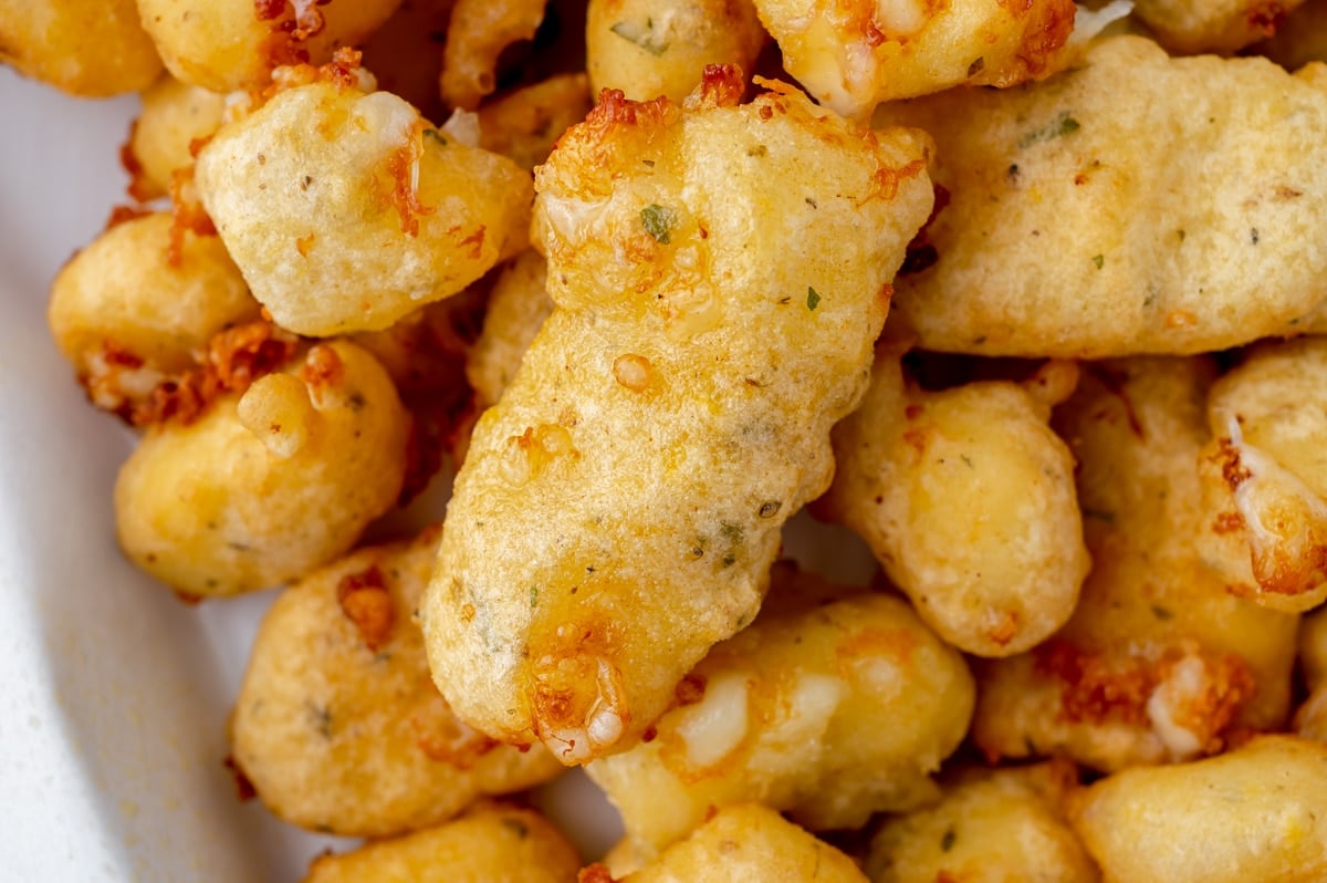close up overhead shot of fried cheese curds