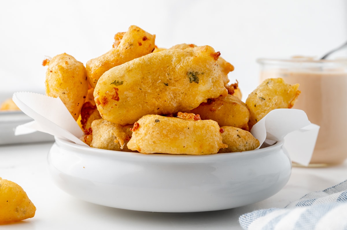 straight on shot of bowl of fried cheese curds