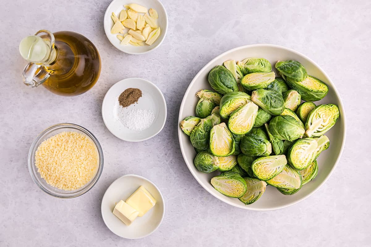 overhead shot of garlic butter brussels sprouts ingredients