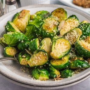 angled shot of bowl of brussels sprouts