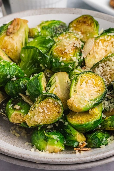 angled shot of bowl of brussels sprouts