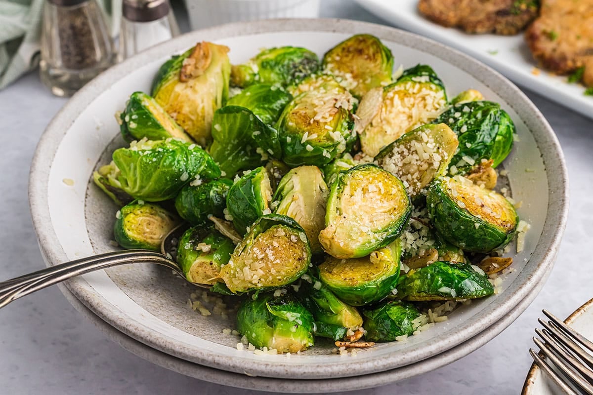 angled shot of bowl of brussels sprouts