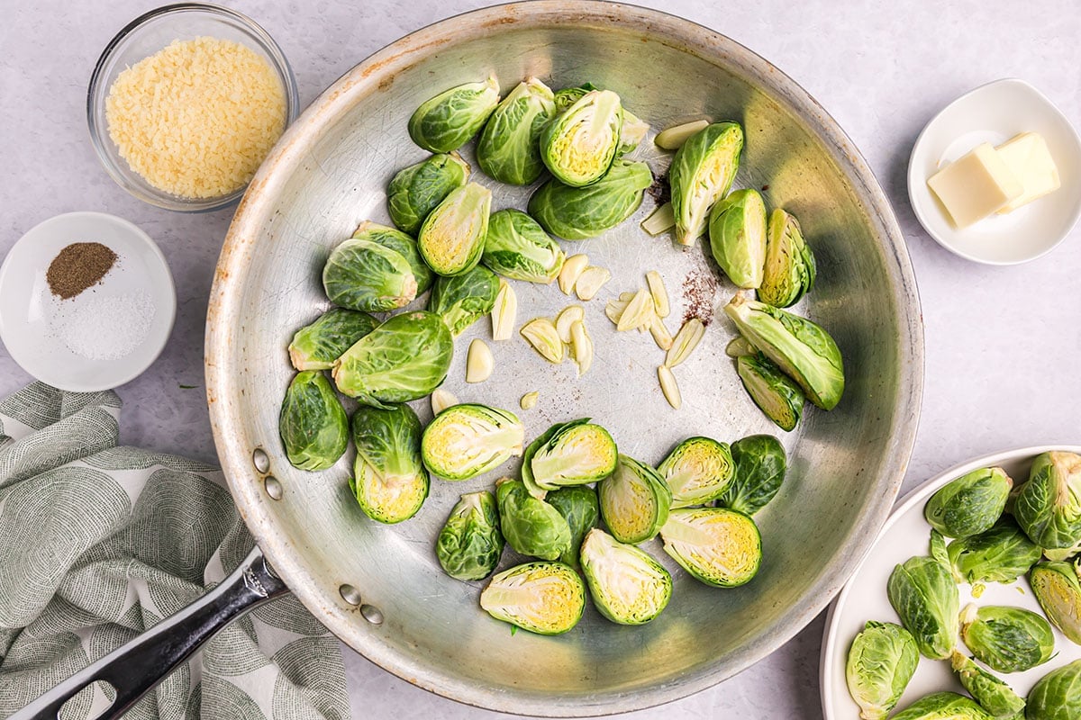 brussels sprouts in pan with garlic