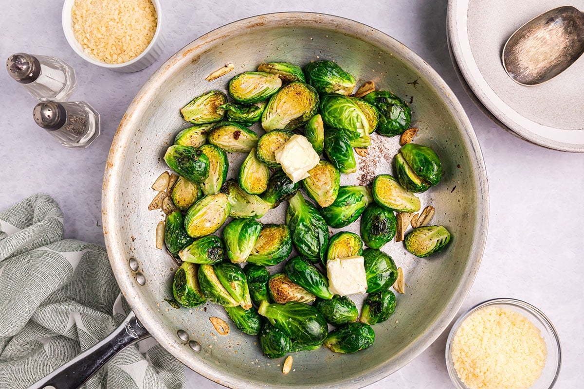 butter in pan of sauteeing brussels sprouts