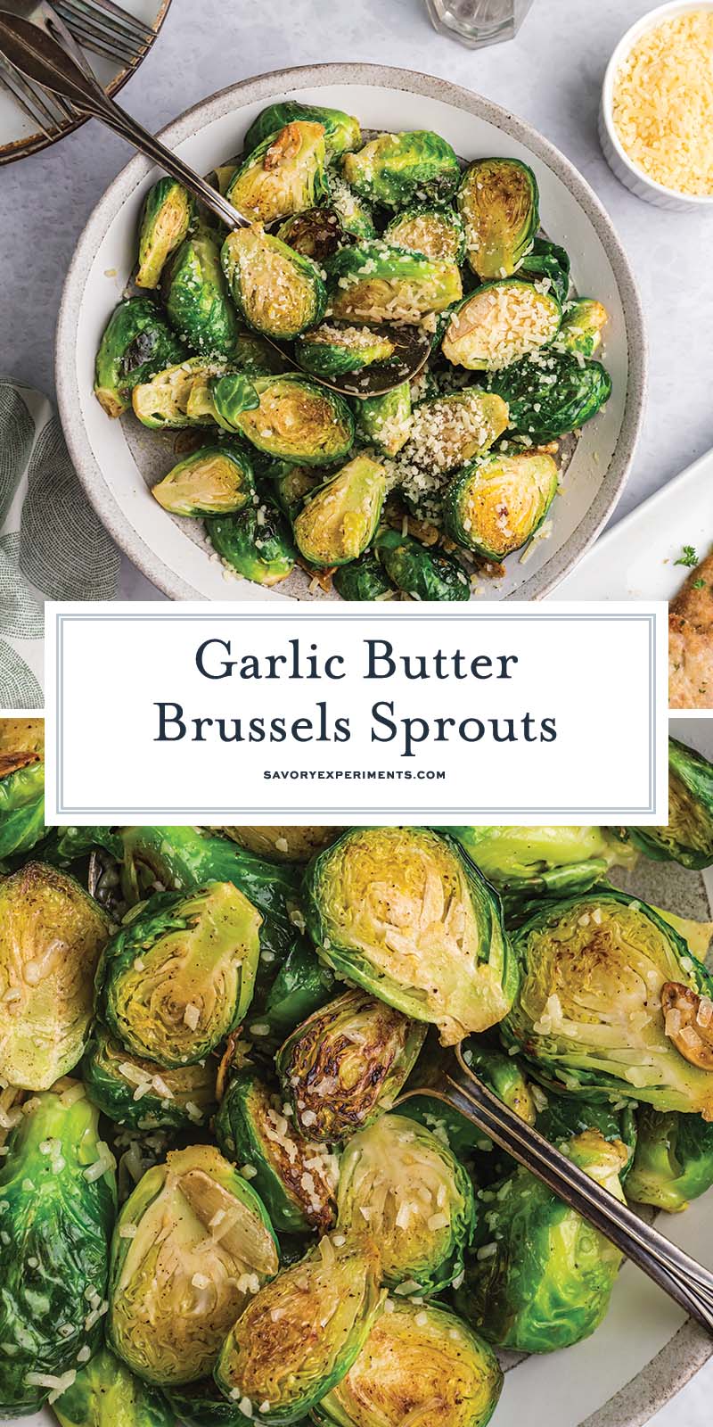 collage of garlic butter brussels sprouts for pinterest