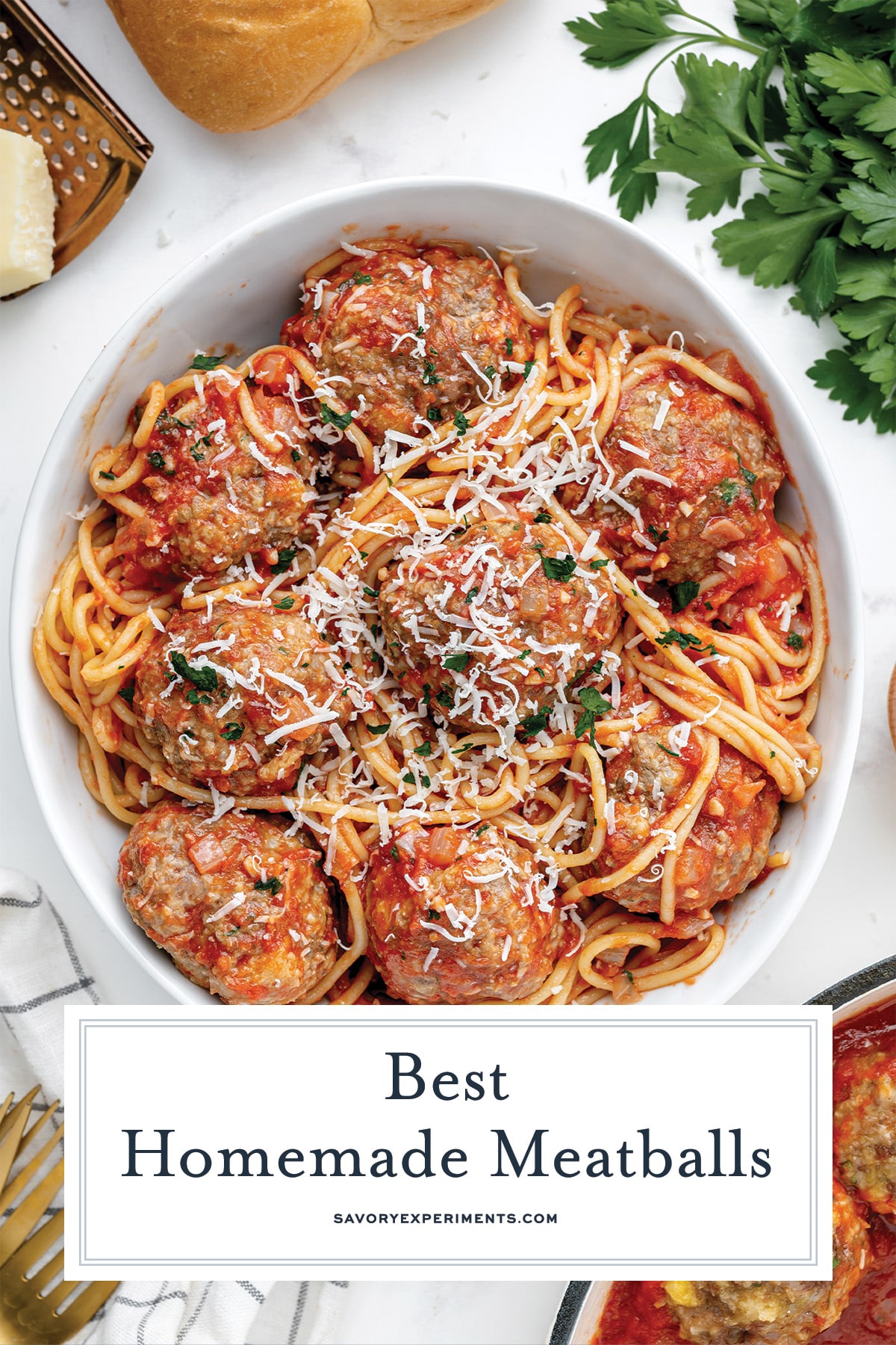 overhead of homemade meatballs with spaghetti 