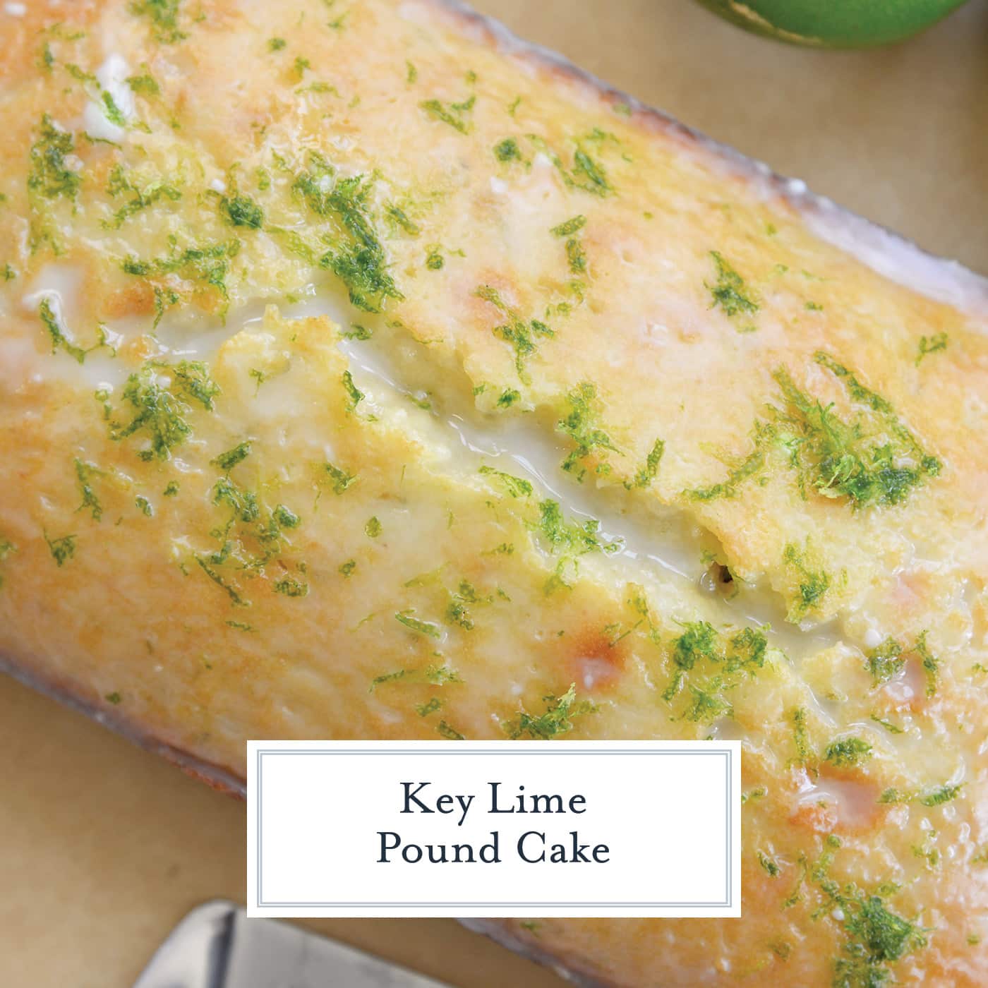 overhead shot of key lime pound cake with text overlay for facebook