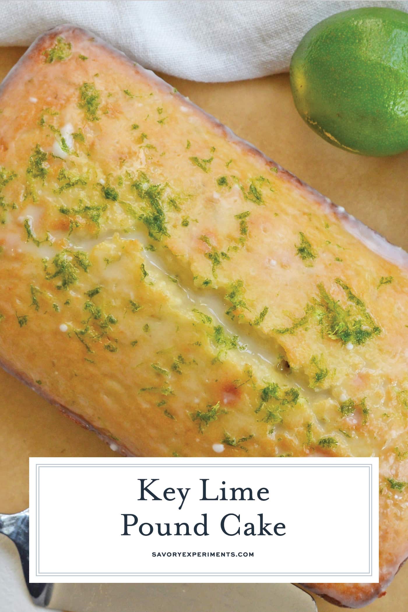 overhead shot of key lime pound cake with text overlay for pinterest