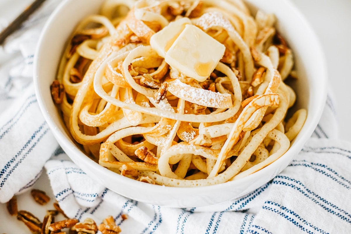 half overhead shot of pancake spaghetti in a bowl