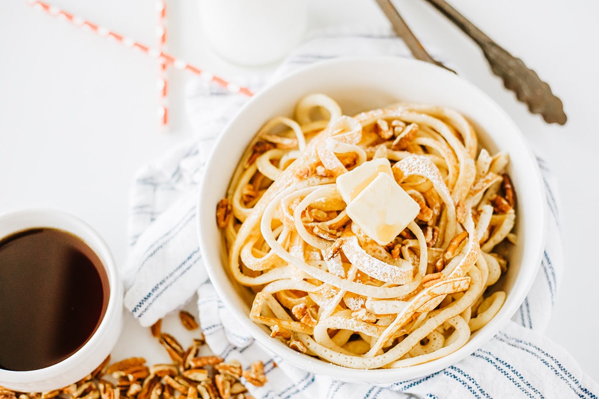 overhead shot of bowl of pancake spaghetti