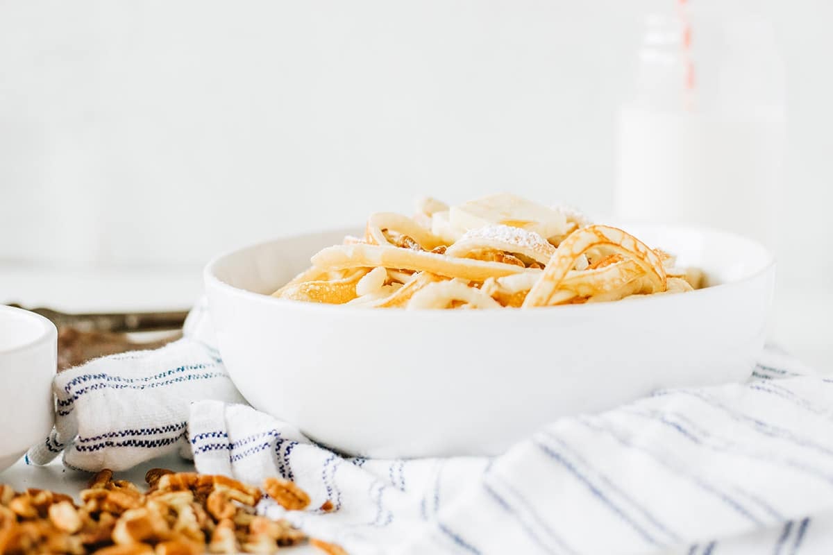 straight on shot of pancake spaghetti in a bowl