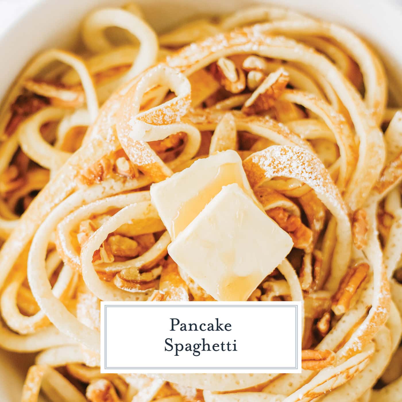 close up of butter on breakfast spaghetti with text overlay for facebook