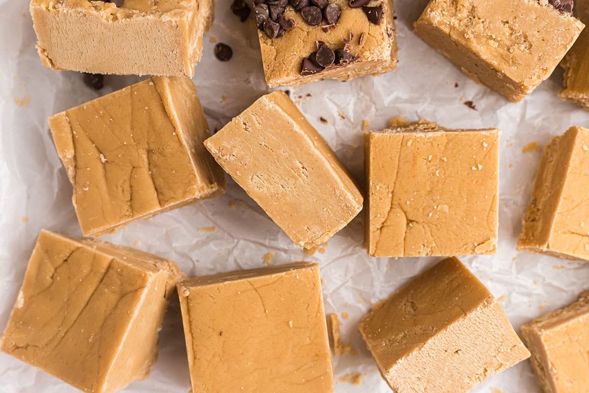 overhead shot of cut pieces of peanut butter fudge