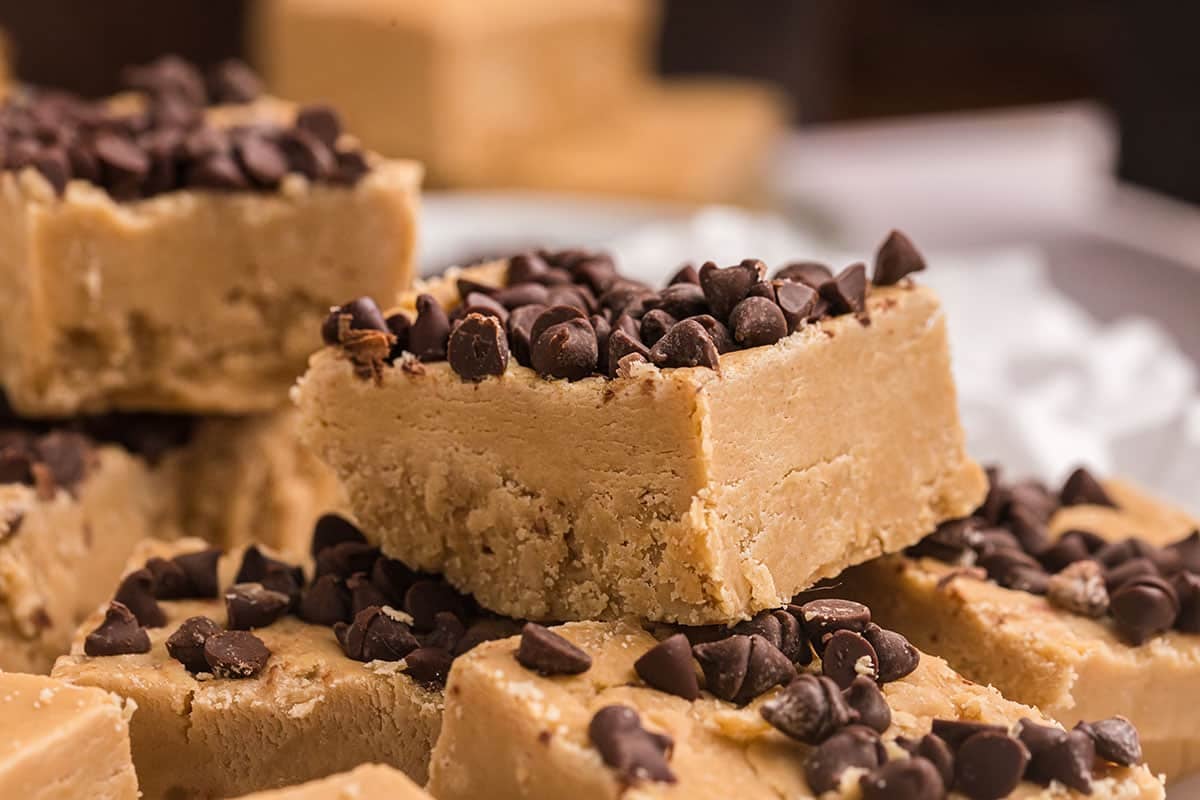 close up straight on shot of fudge topped with chocolate chips