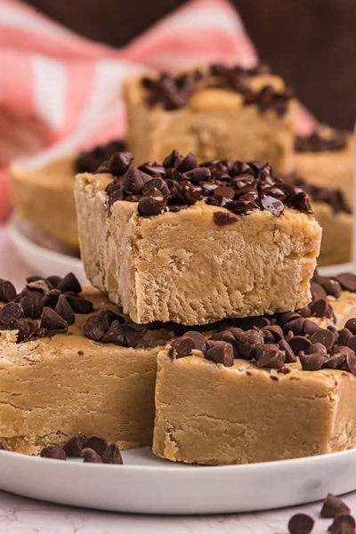 pieces of peanut butter fudge on a white plate