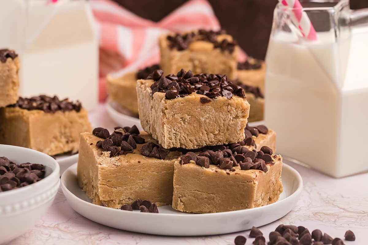 pieces of peanut butter fudge on a white plate