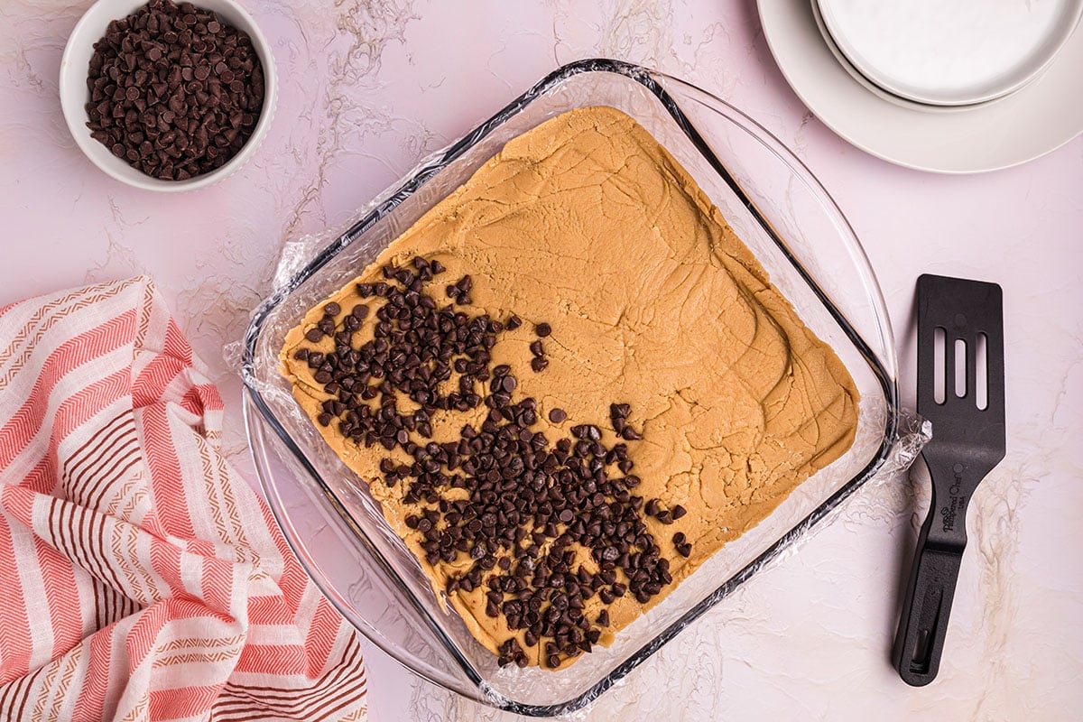 overhead shot of peanut butter fudge in baking dish