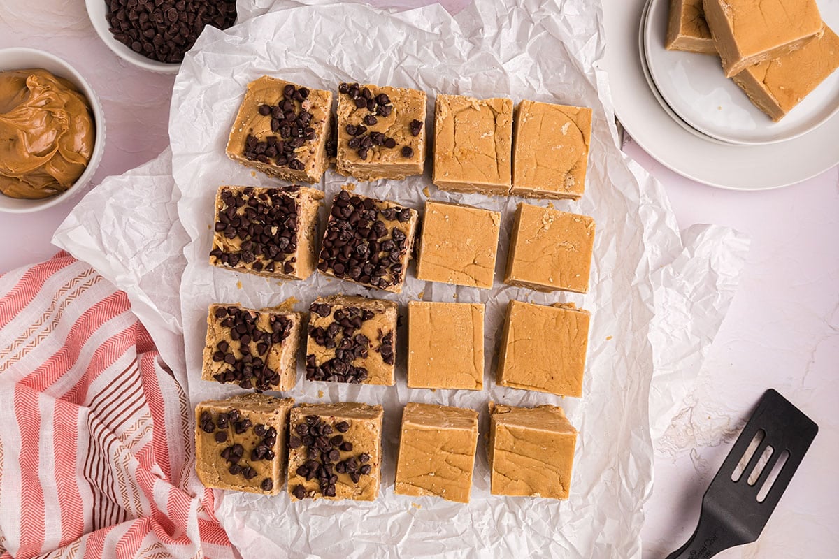 overhead shot of cut up peanut butter fudge