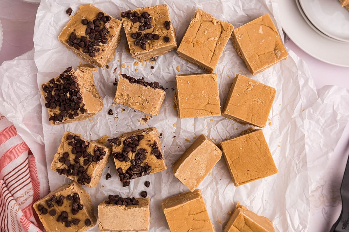 overhead shot of homemade fudge cut into pieces