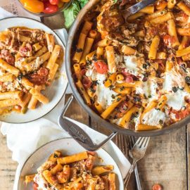 overhead shot of pizza casserole dished out onto plates