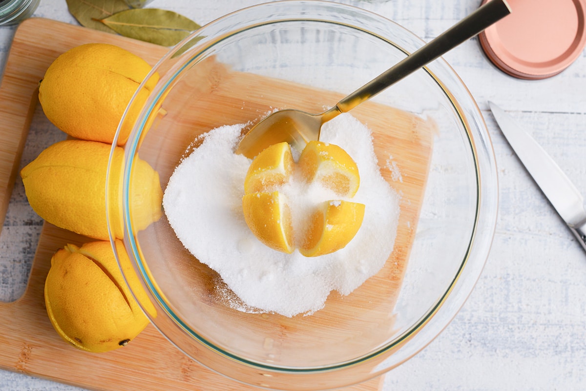 overhead shot of sugar and salt spooned onto cute lemon