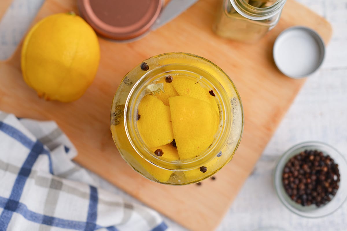 overhead shot of jar of preserved lemons