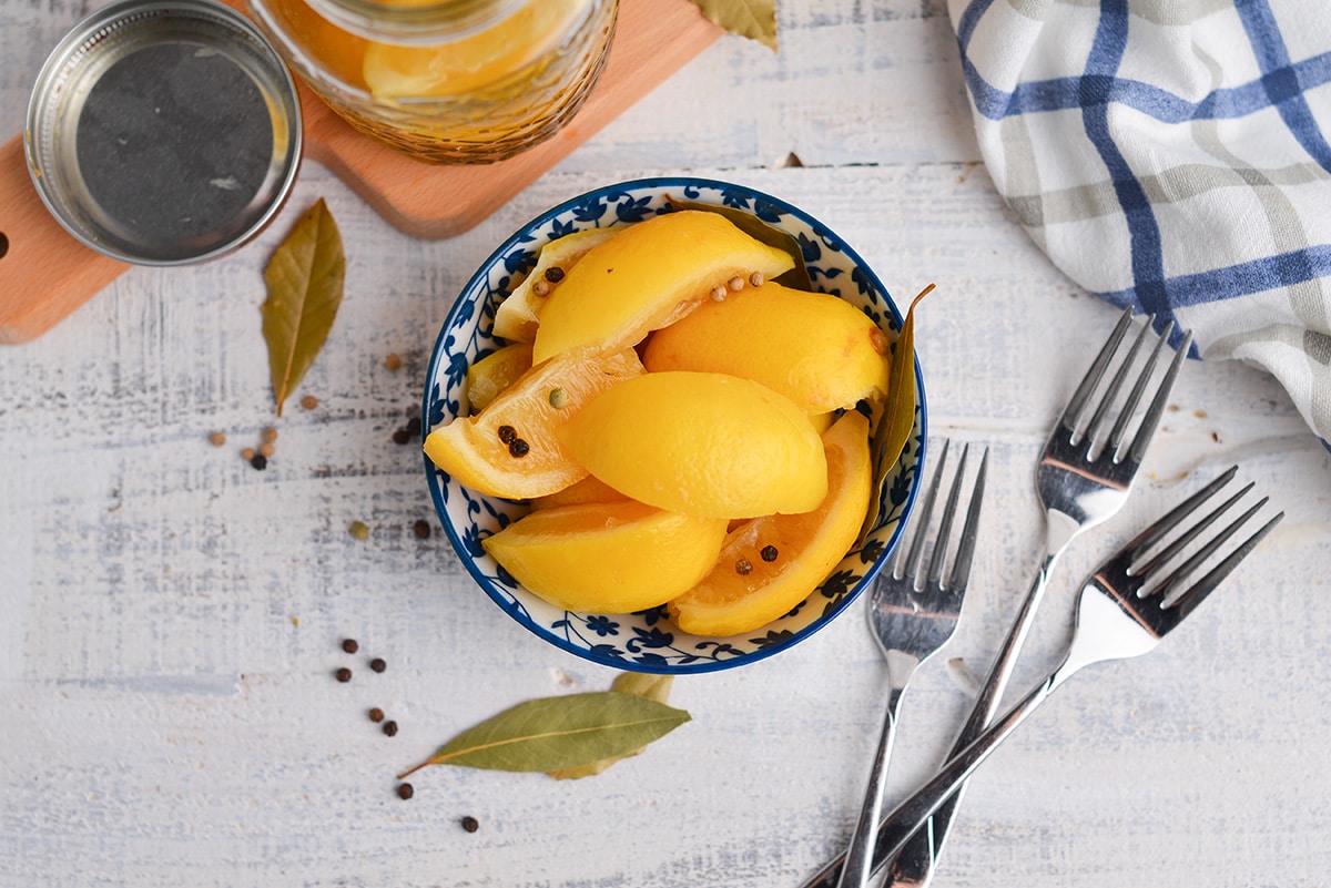 overhead shot of bowl of preserved lemons