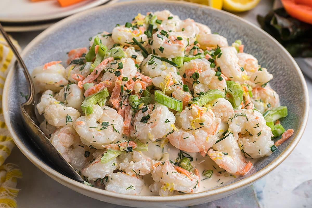 close up angled shot of lemon garlic shrimp salad