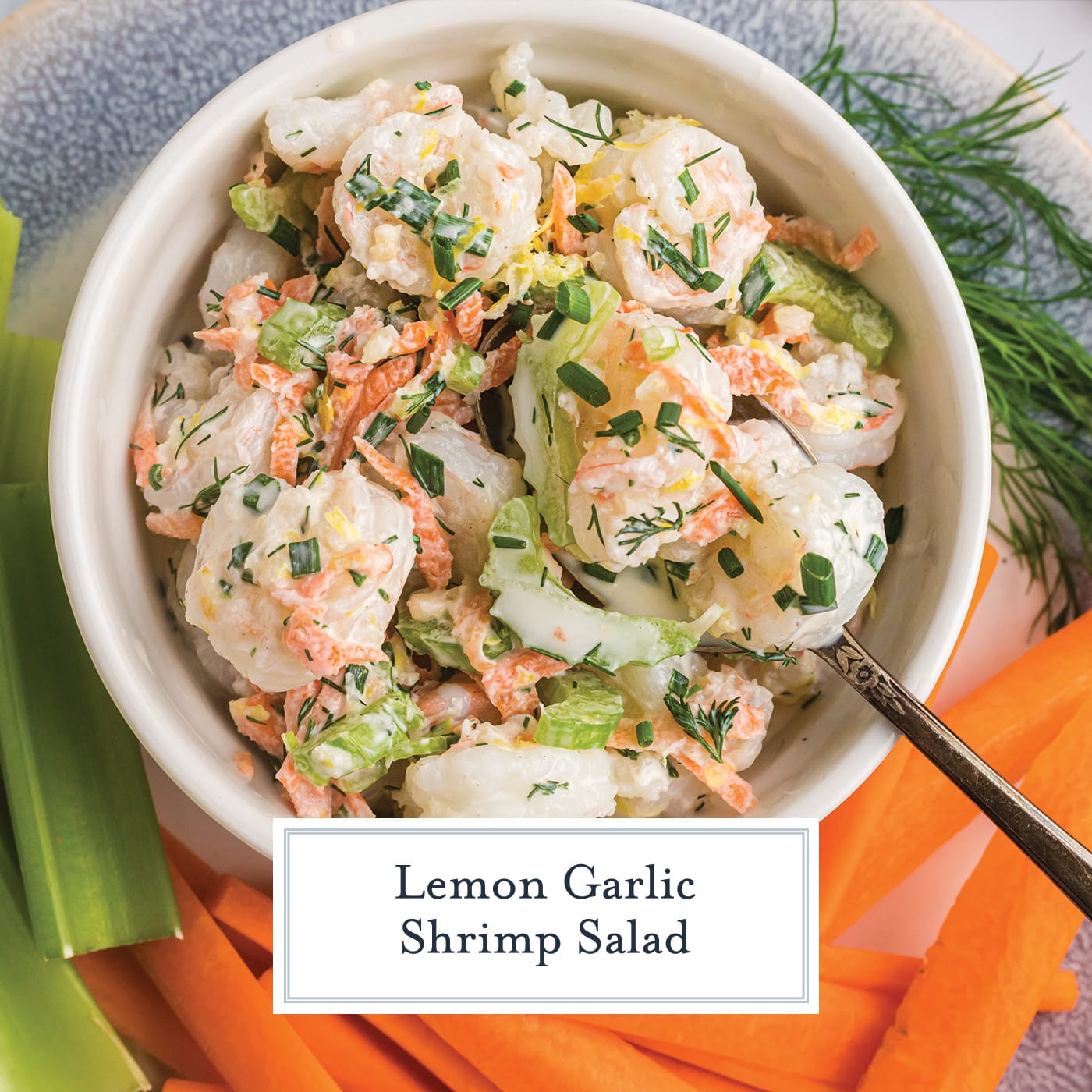 overhead shot of bowl of lemon garlic shrimp salad with text overlay for facebook