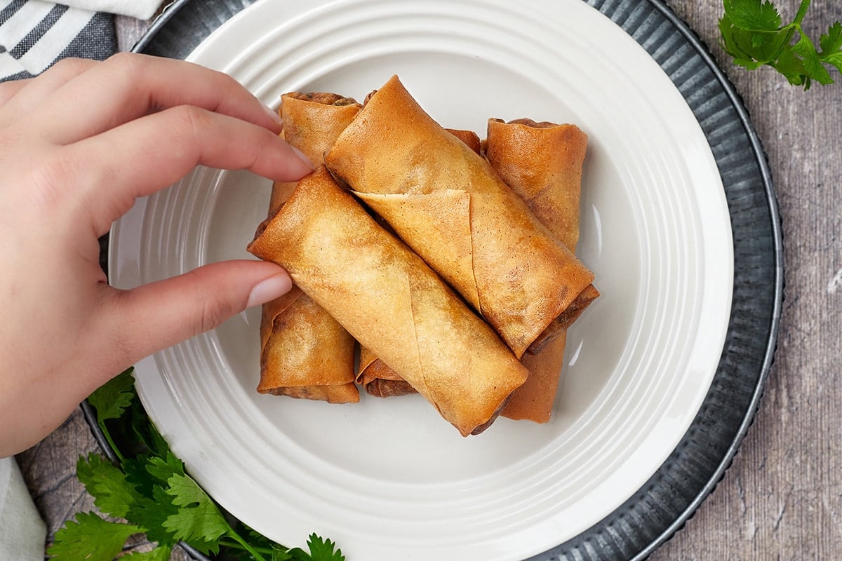 overhead shot of stack of vegetable spring rolls on a plate