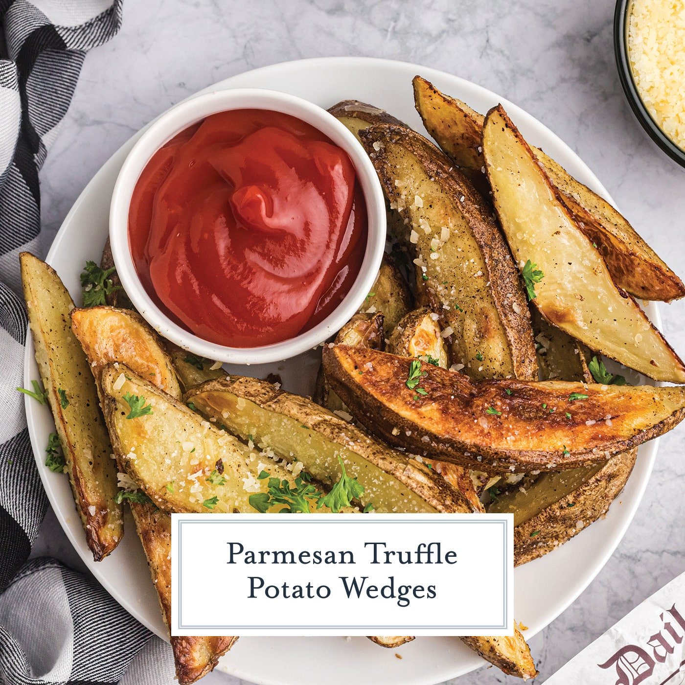 overhead shot of plate of truffle fries with ketchup with text overlay for facebook