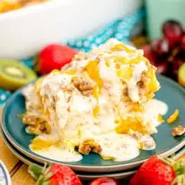 slice of biscuits and gravy casserole on a plate